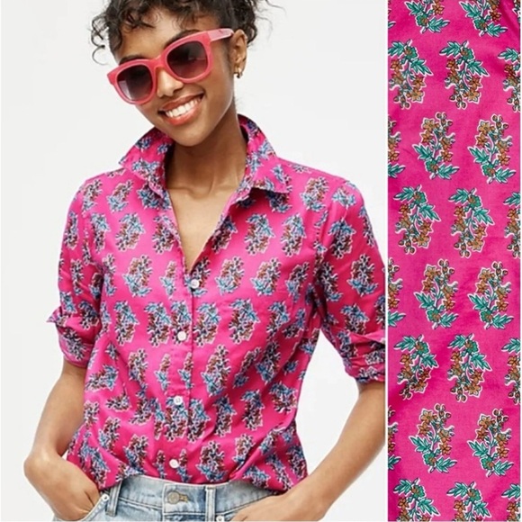 J.Crew Factory Floral cotton button down shirt hot pink signature fit Size XXL - Picture 1 of 7